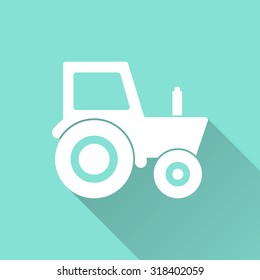Tractor  icon with long shadow on green background, flat design. Vector illustration.