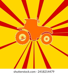 Icono del tractor en un fondo de líneas radiales de explosión de flash rojo. El gran símbolo naranja se encuentra en el centro del sol, simbolizando la salida del sol. Ilustración del vector sobre fondo amarillo