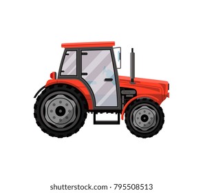 Tractor icon. Red wheeled tractor with trailer icon isolated on white background. Agricultural vehicle vector illustration
