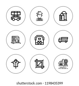 Tractor icon set. collection of 9 outline tractor icons with barn, crop, garbage truck, farm, farmer, loader, scarecrow, trailer icons. editable icons.