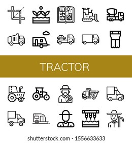 tractor icon set. Collection of Crop, Garbage truck, Crops, Trailer, Agriculture, Cargo truck, Bulldozer, Mixer truck, Planter, Tractor, Farmer, Dump Seeder icons