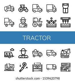 tractor icon set. Collection of Garbage truck, Cargo truck, Tractor, Farmer, Crops, Planter, Seeder, Trailer, Machinery, Blower, Dumper, Rubber land icons