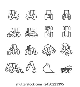 Tractor, icon set. Different Angles. Tractor from Various Angles Front, Rear, Side, Bottom, Top Views. Different Projections. Line with editable stroke