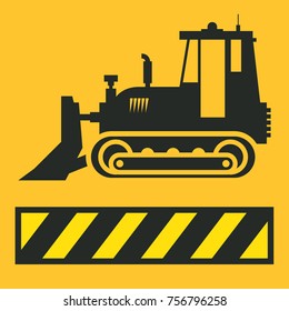 Tractor icon or sign on yellow background. Tractor grader bulldozer silhouette, vector illustration
