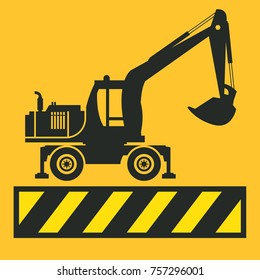 Tractor icon or sign on yellow background. Tractor grader bulldozer silhouette, vector illustration