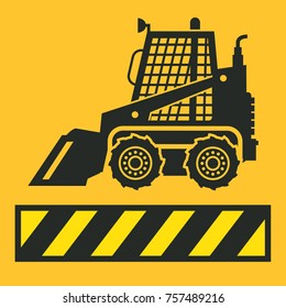 Tractor icon or sign on yellow background. Tractor grader bulldozer silhouette, vector illustration