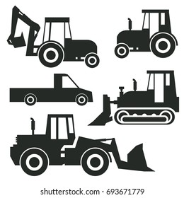 Tractor icon or sign set isolated on white background. Tractor grader, bulldozer silhouette, vector illustration.