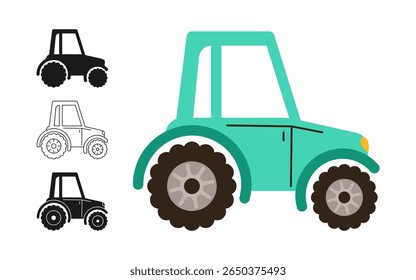 Tractor icon symbol cartoon set. Hand drawn retro farmer or builder car automobile in different styles colored silhouette outline collection. Simple funny auto transport comic icon vector illustration