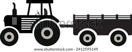 Tractor icon with Trolley Black and White vector, vehicle for Agriculture, Farming vehicle , goods carrier 