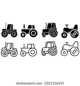 Juego de vectores de icono de tractores. colección de signos de ilustraciones agrícolas. símbolo del vehículo.