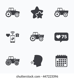 Tractor icons. Agricultural industry transport symbols. Flat talking head, calendar icons. Stars, like counter icons. Vector