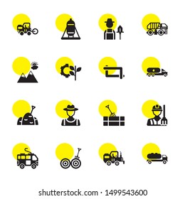 tractor icons. Editable 16 tractor icons. Included icons such as Tank truck, Tractor, Straw bale, Trolleybus, Farmer, Hay bale, Hay, Crop, Agriculture. trendy icons for web.