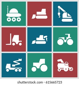 Tractor icons set. set of 9 tractor filled icons such as tractor, excavator