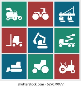 Tractor icons set. set of 9 tractor filled icons such as tractor, excavator