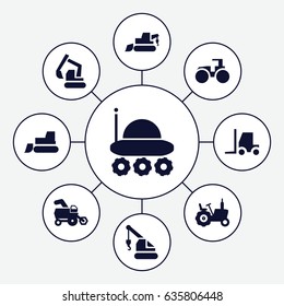 Tractor icons set. set of 9 tractor filled icons such as tractor, excavator