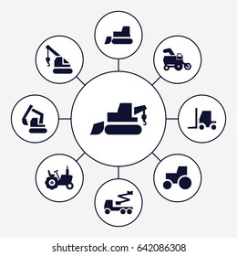 Tractor icons set. set of 9 tractor filled icons such as tractor, excavator