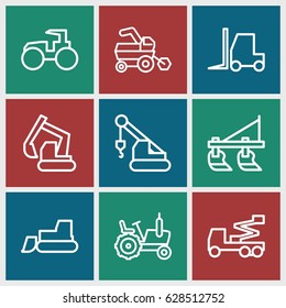 Tractor icons set. set of 9 tractor outline icons such as tractor, excavator