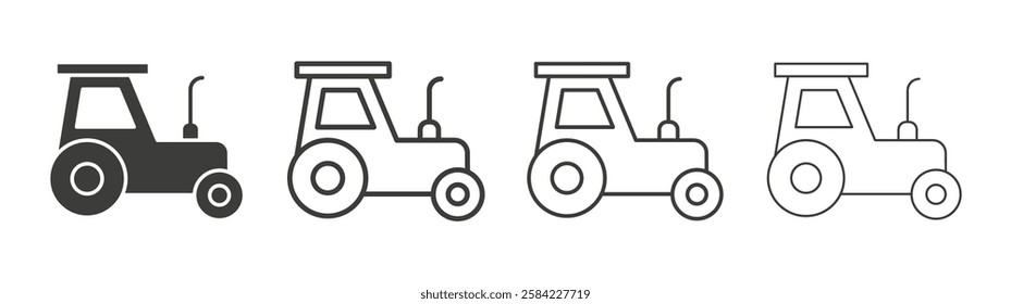 Tractor icons set. Liner outlined and flat black color