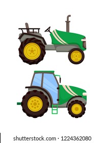 Tractor icons set machinery vector. Agronomy equipment transportation auto with cabin for driver, Agricultural machine, farming vehicles isolated