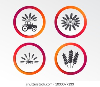 Tractor icons. Wreath of Wheat corn signs. Agricultural industry transport symbols. Infographic design buttons. Circle templates. Vector