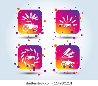 Tractor icons. Wreath of Wheat corn signs. Agricultural industry transport symbols. Colour gradient square buttons. Flat design concept. Vector