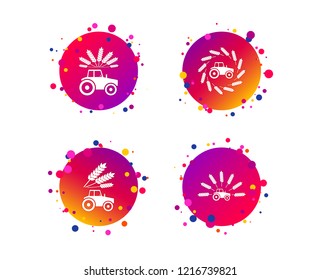Tractor icons. Wreath of Wheat corn signs. Agricultural industry transport symbols. Gradient circle buttons with icons. Random dots design. Vector