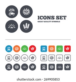 Tractor icons. Wreath of Wheat corn signs. Agricultural industry transport symbols. Web buttons set. Circles and squares templates. Vector