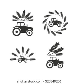 Tractor icons. Wreath of Wheat corn signs. Agricultural industry transport symbols. Flat icons on white. Vector