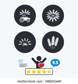 Tractor icons. Wreath of Wheat corn signs. Agricultural industry transport symbols. Star vote ranking. Client like and think bubble. Quotes with message.