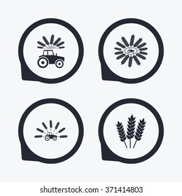 Tractor icons. Wreath of Wheat corn signs. Agricultural industry transport symbols. Flat icon pointers.