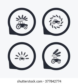 Tractor icons. Wreath of Wheat corn signs. Agricultural industry transport symbols. Flat icon pointers.
