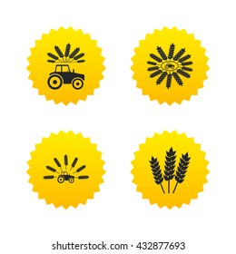 Tractor icons. Wreath of Wheat corn signs. Agricultural industry transport symbols. Yellow stars labels with flat icons. Vector