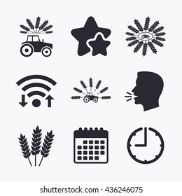 Tractor icons. Wreath of Wheat corn signs. Agricultural industry transport symbols. Wifi internet, favorite stars, calendar and clock. Talking head. Vector