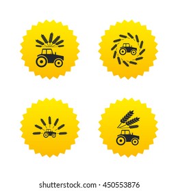 Tractor icons. Wreath of Wheat corn signs. Agricultural industry transport symbols. Yellow stars labels with flat icons. Vector