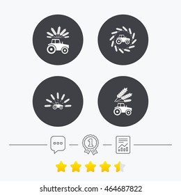 Tractor icons. Wreath of Wheat corn signs. Agricultural industry transport symbols. Chat, award medal and report linear icons. Star vote ranking. Vector