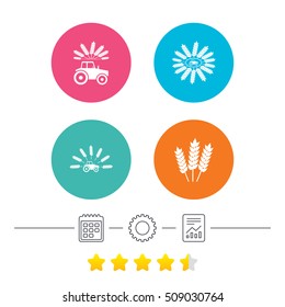 Tractor icons. Wreath of Wheat corn signs. Agricultural industry transport symbols. Calendar, cogwheel and report linear icons. Star vote ranking. Vector