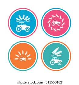 Tractor icons. Wreath of Wheat corn signs. Agricultural industry transport symbols. Colored circle buttons. Vector