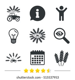 Tractor icons. Wreath of Wheat corn signs. Agricultural industry transport symbols. Information, light bulb and calendar. Investigate magnifier. Vector