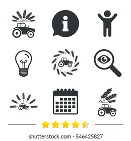 Tractor icons. Wreath of Wheat corn signs. Agricultural industry transport symbols. Information, light bulb and calendar icons. Investigate magnifier. Vector
