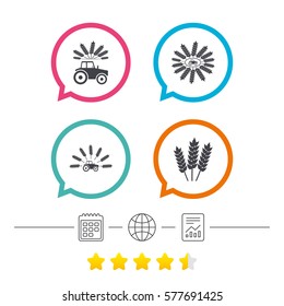 Tractor icons. Wreath of Wheat corn signs. Agricultural industry transport symbols. Calendar, internet globe and report linear icons. Star vote ranking. Vector