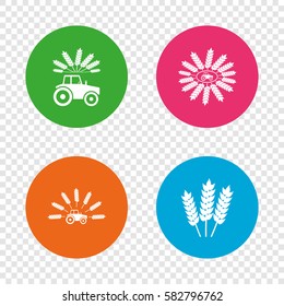 Tractor icons. Wreath of Wheat corn signs. Agricultural industry transport symbols. Round buttons on transparent background. Vector