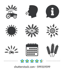 Tractor icons. Wreath of Wheat corn signs. Agricultural industry transport symbols. Information, go to web and calendar icons. Sun and loud speak symbol. Vector