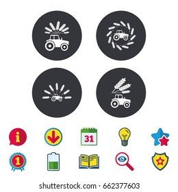 Tractor icons. Wreath of Wheat corn signs. Agricultural industry transport symbols. Calendar, Information and Download signs. Stars, Award and Book icons. Light bulb, Shield and Search. Vector