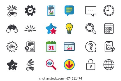 Tractor icons. Wreath of Wheat corn signs. Agricultural industry transport symbols. Chat, Report and Calendar signs. Stars, Statistics and Download icons. Question, Clock and Globe. Vector