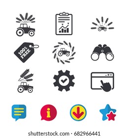 Tractor icons. Wreath of Wheat corn signs. Agricultural industry transport symbols. Browser window, Report and Service signs. Binoculars, Information and Download icons. Stars and Chat. Vector