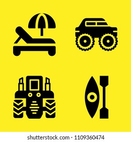 tractor, kayak, monster truck and sun umbrella vector icon set. Sample icons set for web and graphic design