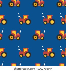 Tractor kids pattern. Seamless vector background tractors on blue. 