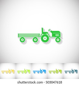 Tractor and large trailer. Flat sticker with shadow on white background