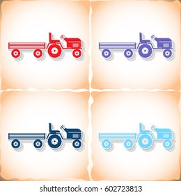 Tractor and large trailer. Flat sticker with shadow on old paper. Vector illustration