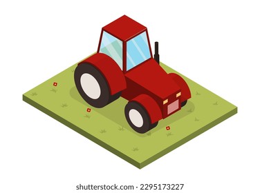 Tractor at lawn. Red transport on grass with flowers. Equipment for farming and agriculture, horiculture. Agribusiness transport for automation. Cartoon isometric vector illustration